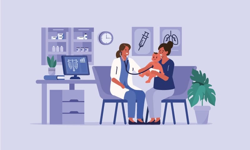 A nurse using a stethoscope to examine a baby being held by its mother.