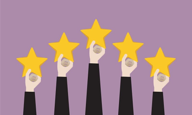Illustration of five hands holding up gold stars