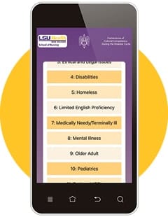 A cell phone with the LSU Health New Orleans School of Nursing logo.