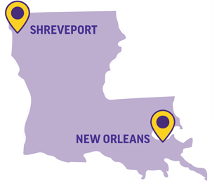 Map of Louisiana highlighting Shreveport and New Orleans